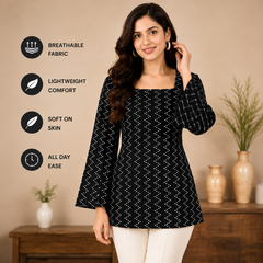 Black Bandhani Print Square Neck Short Kurti for Women