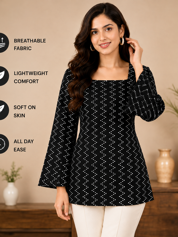 Black Bandhani Print Square Neck Short Kurti for Women