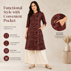 Women's Red Bird Print Cotton A-Line Kurta