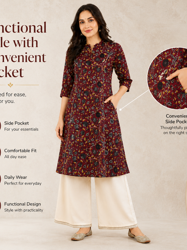 Women's Red Bird Print Cotton A-Line Kurta