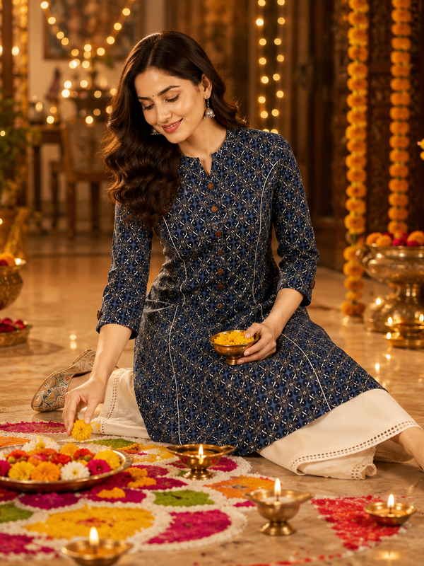 Women's Teal Blue Floral Print Cotton A-Line Kurta