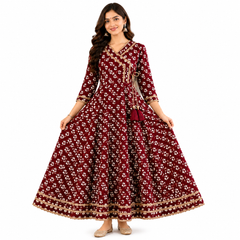 Maroon Floral Printed Anarkali Kurta with Border Detailing