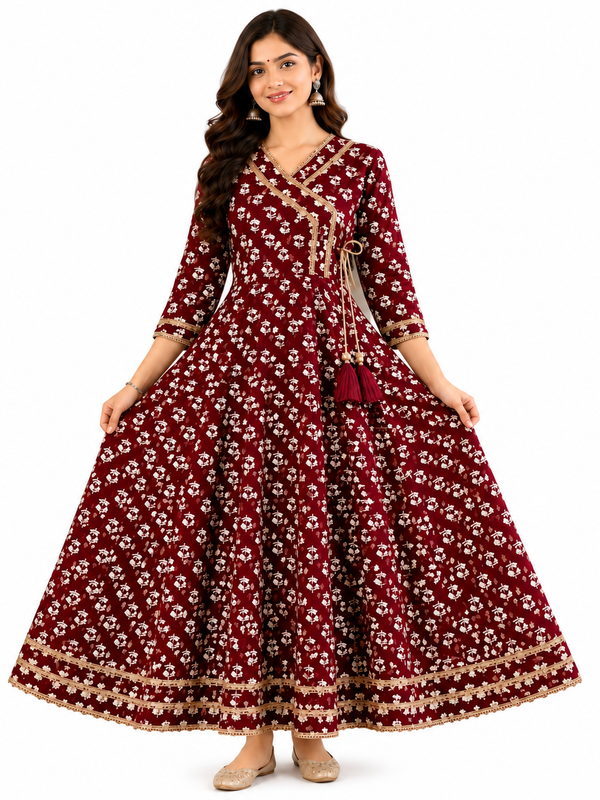 Maroon Floral Printed Anarkali Kurta with Border Detailing