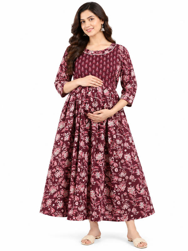 Women’s Maroon Ethnic Floral Print Maternity